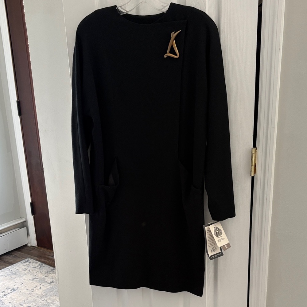 Jones New York Black Wool Dress with Gold Tag Detail